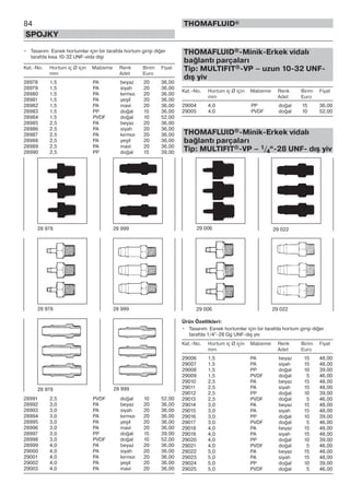 • Tasarım: Esnek hortumlar için bir tarafda hortum girişi diğer
tarafda kısa 10-32 UNF-vida dişi
Kat.-No. Hortum iç Ø için Malzeme Renk Birim Fiyat
mm Adet Euro
28978 1,5 PA beyaz 20 36,00
28979 1,5 PA siyah 20 36,00
28980 1,5 PA kırmızı 20 36,00
28981 1,5 PA yeşil 20 36,00
28982 1,5 PA mavi 20 36,00
28983 1,5 PP doğal 15 36,00
28984 1,5 PVDF doğal 10 52,00
28985 2,5 PA beyaz 20 36,00
28986 2,5 PA siyah 20 36,00
28987 2,5 PA kırmızı 20 36,00
28988 2,5 PA yeşil 20 36,00
28989 2,5 PA mavi 20 36,00
28990 2,5 PP doğal 15 39,00
28991 2,5 PVDF doğal 10 52,00
28992 3,0 PA beyaz 20 36,00
28993 3,0 PA siyah 20 36,00
28994 3,0 PA kırmızı 20 36,00
28995 3,0 PA yeşil 20 36,00
28996 3,0 PA mavi 20 36,00
28997 3,0 PP doğal 15 39,00
28998 3,0 PVDF doğal 10 52,00
28999 4,0 PA beyaz 20 36,00
29000 4,0 PA siyah 20 36,00
29001 4,0 PA kırmızı 20 36,00
29002 4,0 PA yeşil 20 36,00
29003 4,0 PA mavi 20 36,00
THOMAFLUID®-Minik-Erkek vidalı
bağlantı parçaları
Tip: MULTIFIT®-VP – uzun 10-32 UNF-
dış yiv
Kat.-No. Hortum iç Ø için Malzeme Renk Birim Fiyat
mm Adet Euro
29004 4,0 PP doğal 15 36,00
29005 4,0 PVDF doğal 10 52,00
THOMAFLUID®-Minik-Erkek vidalı
bağlantı parçaları
Tip: MULTIFIT®-VP – 1/4“-28 UNF- dış yiv
Ürün Özellikleri:
• Tasarım: Esnek hortumlar için bir tarafda hortum girişi diğer
tarafda 1/4“-28 Gg UNF-dış yiv
Kat.-No. Hortum iç Ø için Malzeme Renk Birim Fiyat
mm Adet Euro
29006 1,5 PA beyaz 15 48,00
29007 1,5 PA siyah 15 48,00
29008 1,5 PP doğal 10 39,00
29009 1,5 PVDF doğal 5 46,00
29010 2,5 PA beyaz 15 48,00
29011 2,5 PA siyah 15 48,00
29012 2,5 PP doğal 10 39,00
29013 2,5 PVDF doğal 5 46,00
29014 3,0 PA beyaz 15 48,00
29015 3,0 PA siyah 15 48,00
29016 3,0 PP doğal 10 39,00
29017 3,0 PVDF doğal 5 46,00
29018 4,0 PA beyaz 15 48,00
29019 4,0 PA siyah 15 48,00
29020 4,0 PP doğal 10 39,00
29021 4,0 PVDF doğal 5 46,00
29022 5,0 PA beyaz 15 48,00
29023 5,0 PA siyah 15 48,00
29024 5,0 PP doğal 10 39,00
29025 5,0 PVDF doğal 5 46,00
84
SPOJKY
THOMAFLUID®
28 978 28 999
28 978 28 999
28 978 28 999
29 006 29 022
29 006 29 022
 