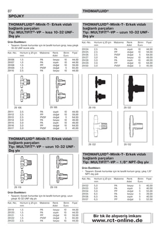 87
SPOJKY
THOMAFLUID®
THOMAFLUID®-Minik-T- Erkek vidalı
bağlantı parçaları
Tip: MULTIFIT®-VP – kısa 10-32 UNF-
Dış yiv
Ürün Özellikleri:
• Tasarım: Esnek hortumlar için iki taraflı hortum girişi, kısa çıkışlı
10-32 UNF-konik vida
Kat.-No. Hortum iç Ø için Malzeme Renk Birim Fiyat
mm Adet Euro
29106 1,5 PA beyaz 10 44,00
29107 1,5 PA siyah 10 44,00
29108 1,5 PP doğal 10 59,00
29109 1,5 PVDF doğal 5 65,00
29110 2,5 PA beyaz 10 44,00
29111 2,5 PA siyah 10 44,00
29112 2,5 PP doğal 10 59,00
29113 2,5 PVDF doğal 5 64,00
29114 3,0 PA beyaz 10 49,00
29115 3,0 PA siyah 10 49,00
29116 3,0 PP doğal 10 64,00
29117 3,0 PVDF doğal 3 45,00
THOMAFLUID®-Minik-T- Erkek vidalı
bağlantı parçaları
Tip: MULTIFIT®-VP – uzun 10-32 UNF-
Dış yiv
Ürün Özellikleri:
• Tasarım: Esnek hortumlar için iki taraflı hortum girişi, uzun
çıkışlı 10-32 UNF-dış yiv
Kat.-No. Hortum iç Ø için Malzeme Renk Birim Fiyat
mm Adet Euro
29119 1,5 PA beyaz 10 44,00
29120 1,5 PA siyah 10 44,00
29121 1,5 PP doğal 10 59,00
29122 1,5 PVDF doğal 5 65,00
29123 2,5 PA beyaz 10 44,00
THOMAFLUID®-Minik-T- Erkek vidalı
bağlantı parçaları
Tip: MULTIFIT®-VP – uzun 10-32 UNF-
Dış yiv
Kat.-No. Hortum iç Ø için Malzeme Renk Birim Fiyat
mm Adet Euro
29124 2,5 PA siyah 10 44,00
29125 2,5 PP doğal 10 59,00
29126 2,5 PVDF doğal 5 64,00
29127 3,0 PA beyaz 10 49,00
29128 3,0 PA siyah 10 49,00
29129 3,0 PP doğal 10 64,00
29130 3,0 PVDF doğal 3 45,00
THOMAFLUID®-Minik-T- Erkek vidalı
bağlantı parçaları
Tip: MULTIFIT®-VP – 1/8“ NPT-Dış yiv
Ürün Özellikleri:
• Tasarım: Esnek hortumlar için iki taraflı hortum girişi, çıkış 1/8“
NPT-dış yivli
Kat.-No. Hortum iç Ø için Malzeme Renk Birim Fiyat
mm Adet Euro
29132 5,0 PA beyaz 5 40,00
29133 5,0 PA siyah 5 40,00
29134 5,0 PP doğal 5 55,00
29135 6,5 PA beyaz 5 39,00
29136 6,5 PA siyah 5 40,00
29137 6,5 PP doğal 5 52,00
29 106 29 106
29 119 29 119
29 132
29 119 29 132
29 132
Bir tık ile alışveriş imkanı
www.rct-online.de
 