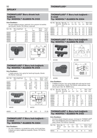 92
SPOJKY
THOMAFLUID®
THOMAFLUID® Boru dirsek hızlı
bağlantı
Tip: NODVOL®-ELGEES PA 3102
Ürün Özellikleri:
• Dik açılı bağlantı parçası, eşkenarlı, boru girişinin iki tarafıda
eşit boyutlu; Gövde: PA-Polimer materyali.
Kat.-No. Boru dış Ø için G L Birim Fiyat
mm mm mm Adet Euro
46890 4 8,5 19,0 5 31,00
46892 6 10,5 22,5 5 34,00
46893 8 13,5 29,5 5 36,00
46894 10 16,0 34,5 5 49,00
46895 12 19,0 40,5 5 62,00
46896 14 25,5 46,5 5 75,00
THOMAFLUID®-T Boru hızlı bağlantı
Tip: NODVOL®-ELGEES PA 3104
Ürün Özellikleri:
• T-kaplin parçası, boru-girişi her tarafı eşit boyutlu; Gövde:
PA-Polimer materyali.
Kat.-No. Boru dış Ø için D H L Birim Fiyat
mm mm mm mm Adet Euro
46897 4 8,5 19 14,5 5 41,00
46899 6 10,5 22,5 17,5 5 44,00
46900 8 13,5 29,5 23 5 52,00
46901 10 16 34,5 26,5 5 75,00
46902 12 19 40,5 31 3 51,00
46903 14 25 46 33,5 3 57,00
THOMAFLUID®-T Boru hızlı bağlantı –
3-misli
Tip: NODVOL®-ELGEES PA 3304
Ürün Özellikleri:
• Üç misli T dağıtıcısı: üç paralel boru girişi, artı iki sağ köşe-
li çıkışlı boru girişi; bağlantısı boşluklar; Gövde: PA-Polimer
materyali.
THOMAFLUID®-T Boru hızlı bağlantı –
3-misli
Tip: NODVOL®-ELGEES PA 3304
Kat.-No. Boru dış Boru dış H L1 L2 N T Birim Fiyat
Ø için (A) Ø için (B) mm mm mm mm mm Adet Euro
mm mm
46931 6 4 25,5 36 34 11 3,2 5 67,00
46932 8 4 29 47 38 14 4,2 3 56,00
46933 8 6 29 47 38 14 4,2 3 60,00
46934 10 6 32,5 54 44,5 16 4,2 3 60,00
46935 10 8 32,5 54 44,5 16 4,2 3 65,00
THOMAFLUID®-Y Boru hızlı bağlantı
Tip: NODVOL®-ELGEES PA 3140
Ürün Özellikleri:
• Y-Bağlantı parçası, boru-girişi isteğe göre eşli veya her taraf-
dan eşit boyutludur; Gövde: PA-Polimer materyalinden, bağ-
lantısı oyuk ( Kat.-Nr. 46904 hariç).
Kat.-No. Boru dış Boru dış H K L N Birim Fiyat
Ø için (A) Ø için (B) mm mm mm mm Adet Euro
mm mm
46904 4 4 17,5 8,5 28,5 9 5 41,00
46905 4 6 17,5 10,5 33 9 3 48,00
46906 6 6 21,5 10,5 35 11 5 52,00
46907 6 8 22,5 13,5 41 11,5 3 51,00
46908 8 8 28 13,5 45 14,5 5 62,00
12284 8 10 28 16 47 14,5 3 66,00
12285 10 10 33 16 63 17 3 69,00
THOMAFLUID®-L Boru hızlı bağlantı
Tip: NODVOL®-ELGEES PA 3182
Ürün Özellikleri:
• Kombine-Köşeli-Adaptör parçası, herhangi bir THOMAFLUID®-
Boru-Hızlı Bağlantısı girişi için bağlantısı boru, dik açılı boru
çıkışı; Gövde: PA-Polimer materyali.
Kat.-No. Boru dış G H H1 H2 L Birim Fiyat
Ø için mm mm mm mm mm Adet Euro
mm
46910 4 8,5 26 9,5 19 14 5 34,00
46 931 46 931
46 897 46 897
46 936 46 936
46 904 46 904
 