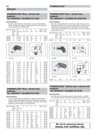 96
SPOJKY
THOMAFLUID®
THOMAFLUID® Boru -dirsek hızlı
bağlantı
Tip: NODVOL®-ELGEES PA 3109
Ürün Özellikleri:
• R- yivli- erkek vidalamalı, dik açılı boru-çıkışı, döndürülebilir;
Gövde: PA-Polimer materyali; vidalı ayak: Pirinç nikel kaplama-
lı, dışı-altı köşeli, yivi PTFE kaplıdır.
Kat.-No. Boru Dış F G H L Birim Fiyat
dış Ø yiv -vida mm mm mm mm Adet Euro
için dişi
mm inç
46764 4 R 1/8” 10 8,5 12 14 5 29,00
46765 4 R 1/4” 14 8,5 12,5 14 5 31,00
46768 6 R 1/8” 10 10,5 14 16 5 31,00
46769 6 R 1/4” 14 10,5 14,5 16 5 34,00
46770 8 R 1/8” 10 13,5 18 23 5 36,00
46771 8 R 1/4” 14 13,5 18 23 5 36,00
46772 8 R 3/8” 17 13,5 18 23 5 44,00
46773 10 R 1/4” 15 16 22 26,5 3 39,00
46774 10 R 3/8” 17 16 22 26,5 3 39,00
12288 10 R 1/2” 21 16 22 26,5 3 47,00
46775 12 R 1/4” 15 19 25 31 3 39,00
46776 12 R 3/8” 17 19 25 31 3 39,00
46777 12 R 1/2” 21 19 25 31 2 39,00
46778 14 R 3/8” 24 25,5 51 33,5 2 39,00
46779 14 R 1/2” 24 25,5 51 33,5 2 39,00
THOMAFLUID® Boru -dirsek hızlı
bağlantı
Tip: NODVOL®-ELGEES PA 3129
Ürün Özellikleri:
• R- yivli- erkek vidalamalı dik açılı boru-çıkışlı, döndürülebilir;
uzatlmış vidalı, ayak kısıtlı alanlarda yer tasaaruflu montajlarda
kullanılır; Gövde: PA-Polimer materyali, vidalı ayak: Pirinç nikel
kaplamalı, dışı-altı köşeli, yivi PTFE kaplıdır.
Kat.-No. Boru Dış F G H L Birim Fiyat
dış Ø yiv -vida
için dişi
46792 4 R 1/8” 10 8,5 21,5 19 5 39,00
46793 4 R 1/4” 14 8,5 22 19 5 44,00
46794 6 R 1/8” 10 10,5 25,5 22,5 5 44,00
46795 6 R 1/4” 10 10,5 26 22,5 5 44,00
46796 8 R 1/8” 13 13,5 32,5 23 5 47,00
46797 8 R 1/4” 14 13,5 32,5 23 5 47,00
46798 8 R 3/8” 17 13,5 33 23 5 64,00
46799 10 R 3/8” 15 16 39,5 34,5 3 53,00
12289 10 R 3/8” 17 16 39,5 34,5 3 59,00
THOMAFLUID® Boru -dirsek hızlı
bağlantı
Tip: NODVOL®-ELGEES PA 3269 M5
Ürün Özellikleri:
• M5- yivli- erkek vidalamalı, dik açılı boru çıkışı, dirençi az olan,
360° döndürülebilir, 6 bar’a kadar basınç gücü ; Kompakt yapı,
kısaltılmış kol uzunluğu; Gövde: PA-Polimer materyali, vidalı
ayak: Pirinç nikel kaplamalı, dışı-altı köşeli, önce monte edilmiş
kaybolmayan conta
Kat.-No. Boru Dış F G H L Birim Fiyat
dış Ø yiv -vida mm mm mm mm Adet Euro
için dişi
mm mm
47333 4 M5 12 10 25 19,5 2 76,00
47334 6 M5 12 12,5 27,5 22,5 2 79,00
THOMAFLUID® Bölme boru -dirsek hızlı
bağlantı
Tip: NODVOL®-ELGEES PA 3139
Ürün Özellikleri:
• Dik açılı, ıstoperli vida duvar geçidi, döndürülebilir, iki taraflı
boru girişleri; Gövde: PA-Polimer materyali, duvar vidası: Pirinç.
Kat.-No. Boru F G H K L Birim Fiyat
dış Ø mm mm mm mm mm Adet Euro
için
mm
46924 4 14 11 23,5 6,6 18 5 59,00
46925 5 17 12,5 26 7 20 3 51,00
46926 6 17 13,5 26,5 7 20,5 3 51,00
46927 8 19 16 30,5 7 22,5 3 51,00
46928 10 24 21 38,5 10 28,5 2 56,00
46929 12 27 23,5 44,5 12 30 2 69,00
46930 14 30 25,5 47 15 33,5 1 42,00
46 764 46 764 46 792 46 792
47 333 47 333
Bir tık ile alışveriş imkanı
www.rct-online.de
 