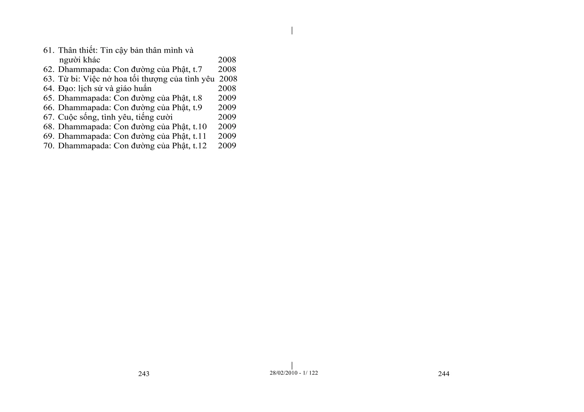 | 
| 
61. Thân thiết: Tin cậy bản thân mình và 
người khác 2008 
62. Dhammapada: Con đường của Phật, t.7 2008 
63. Từ bi: Việc nở hoa tối thượng của tình yêu 2008 
64. Đạo: lịch sử và giáo huấn 2008 
65. Dhammapada: Con đường của Phật, t.8 2009 
66. Dhammapada: Con đường của Phật, t.9 2009 
67. Cuộc sống, tình yêu, tiếng cười 2009 
68. Dhammapada: Con đường của Phật, t.10 2009 
69. Dhammapada: Con đường của Phật, t.11 2009 
70. Dhammapada: Con đường của Phật, t.12 2009 
243 28/02/2010 - 1/ 122 244 

