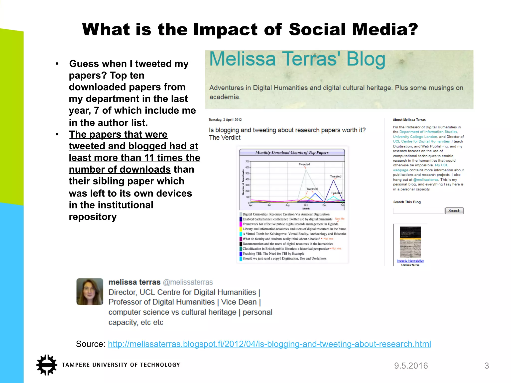 What is the Impact of Social Media?
9.5.2016 317/11/15 10
•  Guess when I tweeted my
papers? Top ten
downloaded papers from
my department in the last
year, 7 of which include me
in the author list.
•  The papers that were
tweeted and blogged had at
least more than 11 times the
number of downloads than
their sibling paper which
was left to its own devices
in the institutional
repository
Source: http://melissaterras.blogspot.fi/2012/04/is-blogging-and-tweeting-about-research.html
 
