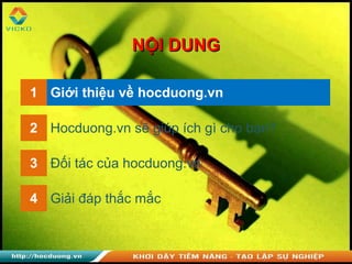 1 Giới thiệu về hocduong.vn
2 Hocduong.vn sẽ giúp ích gì cho bạn?
3 Đối tác của hocduong.vn
NỘI DUNGNỘI DUNG
4 Giải đáp thắc mắc
 
