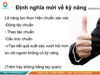 Định nghĩa mới về kỹ năng (26/4/2010)
Là năng lực thực hiện chuẩn xác các
-Động tác chuẩn
- Thao tác chuẩn
-Cấu trúc chuẩn
⇒Tạo kết quả xuất săc vượt trội hơn
so với người không có kỹ năng
(Trăm hay không bằng tay quen)
 