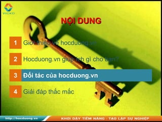 1 Giới thiệu về hocduong.vn
2 Hocduong.vn giúp ích gì cho bạn?
3 Đối tác của hocduong.vn
NỘI DUNGNỘI DUNG
4 Giải đáp thắc mắc
 