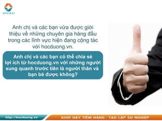 Anh chị và các bạn vừa được giới
thiệu về những chuyên gia hàng đầu
trong các lĩnh vực hiện đang cộng tác
với hocduong.vn.
Anh chị và các bạn có thể chia sẻ
lợi ích từ hocduong.vn với những người
xung quanh trước tiên là người thân và
bạn bè được không?
 