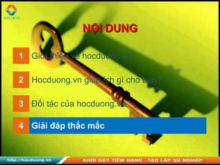 1 Giới thiệu về hocduong.vn
2 Hocduong.vn giúp ích gì cho bạn?
3 Đối tác của hocduong.vn
4 Giải đáp thắc mắc
NỘI DUNGNỘI DUNG
 