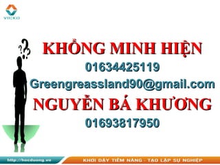 KHỔNG MINH HIỆNKHỔNG MINH HIỆN
0163442511901634425119
Greengreassland90@gmail.comGreengreassland90@gmail.com
NGUYỄN BÁ KHƯƠNGNGUYỄN BÁ KHƯƠNG
0169381795001693817950
 