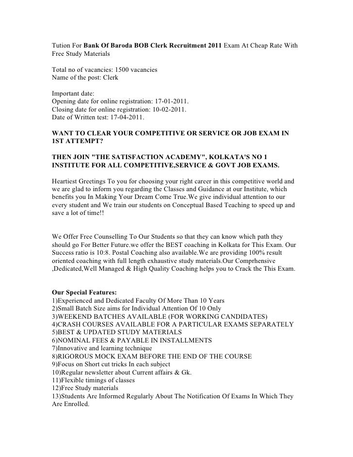 Tution For Bank Of Baroda Bob Clerk Recruitment 2011 Exam At Cheap Ra