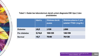 HbA1c Glukosa darah
puasa
Glukosa plasma 2 jam
setelah TTGO (mg/dL)
Diabetes >6,5 >126 >200
Pre diabetes 5,7-6,5 100-125 140-199
Normal <5,7 70-99 70-139
Tabel 1. Kadar tes laboratorium darah untuk diagnosis DM tipe 2 dan
prediabetes
 