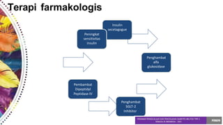 Terapi farmakologis
Insulin
secetagogue
Penghambat
alfa
glukosidase
Penghambat
SGLT-2
Inhibitor
Pembambat
Dipeptidyl
Peptidase IV
Peningkat
sensitivitas
insulin
 