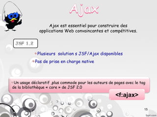Ajax est essentiel pour construire des
              applications Web convaincantes et compétitives.




             Plusieurs solution s JSF/Ajax disponibles
            Pas de prise en charge native



 Un usage déclaratif ,plus commode pour les auteurs de pages avec le tag
de la bibliothèque « core » de JSF 2.0

                                                       <f:ajax>

                                                                       15
 