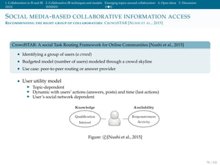 1. Collaboration in IS and IR 2. Collaborative IR techniques and models Emerging topics around collaboration 4. Open ideas 5. Discussion
SOCIAL MEDIA-BASED COLLABORATIVE INFORMATION ACCESS
RECOMMENDING THE RIGHT GROUP OF COLLABORATORS: CROWDSTAR [NUSHI ET AL., 2015]
CrowdSTAR: A social Task Routing Framework for Online Communities [Nushi et al., 2015]
• Identifying a group of users (a crowd)
• Budgeted model (number of users) modeled through a crowd skyline
• Use case: peer-to-peer routing or answer provider
• User utility model
Topic-dependent
Dynamic with users’ actions (answers, posts) and time (last actions)
User’s social network dependent
Figure: c [Nushi et al., 2015]
78 / 102
 