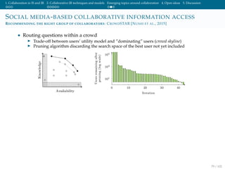1. Collaboration in IS and IR 2. Collaborative IR techniques and models Emerging topics around collaboration 4. Open ideas 5. Discussion
SOCIAL MEDIA-BASED COLLABORATIVE INFORMATION ACCESS
RECOMMENDING THE RIGHT GROUP OF COLLABORATORS: CROWDSTAR [NUSHI ET AL., 2015]
• Routing questions within a crowd
Trade-off between users’ utility model and ”dominating” users (crowd skyline)
Pruning algorithm discarding the search space of the best user not yet included
79 / 102
 