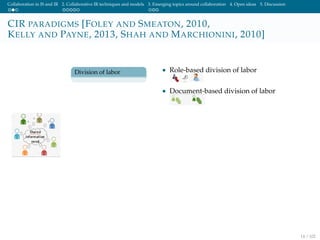 Collaboration in IS and IR 2. Collaborative IR techniques and models 3. Emerging topics around collaboration 4. Open ideas 5. Discussion
CIR PARADIGMS [FOLEY AND SMEATON, 2010,
KELLY AND PAYNE, 2013, SHAH AND MARCHIONINI, 2010]
Division of labor • Role-based division of labor
• Document-based division of labor
14 / 102
 