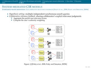 1. Collaboration in IS and IR Collaborative IR techniques and models 3. Emerging topics around collaboration 4. Open ideas 5. Discussion
SYSTEM-MEDIATED CIR MODELS
USER/GROUP-BASED MEDIATION: COLLABORATIVE RELEVANCE FEEDBACK [FOLEY ET AL., 2008, FOLEY AND SMEATON, 2009B]
• Hypothesis setting: multiple independent synchronous search queries
• Collaborative relevance feedback: sharing collaborator’s explicit relevance judgments
Aggregate the partial user relevance scores
Compute the user’s authority weighting
Figure: c [Foley et al., 2008, Foley and Smeaton, 2009b]
36 / 102
 