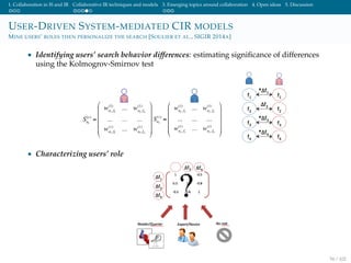 1. Collaboration in IS and IR Collaborative IR techniques and models 3. Emerging topics around collaboration 4. Open ideas 5. Discussion
USER-DRIVEN SYSTEM-MEDIATED CIR MODELS
MINE USERS’ ROLES THEN PERSONALIZE THE SEARCH [SOULIER ET AL., SIGIR 2014A]
• Identifying users’ search behavior differences: estimating signiﬁcance of differences
using the Kolmogrov-Smirnov test
• Characterizing users’ role
54 / 102
 