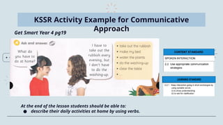 KSSR Activity Example for Communicative
Approach
Get Smart Year 4 pg19
At the end of the lesson students should be able to:
● describe their daily activities at home by using verbs.
 