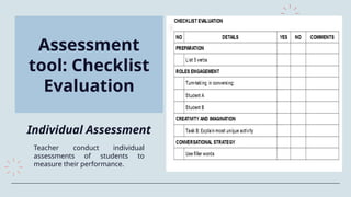 Assessment
tool: Checklist
Evaluation
Individual Assessment
Teacher conduct individual
assessments of students to
measure their performance.
 