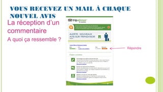 La réception d’un
commentaire
A quoi ça ressemble ?
VOUS RECEVEZ UN MAIL À CHAQUE
NOUVEL AVIS
Répondre
 