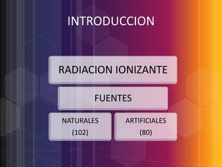 INTRODUCCION

RADIACION IONIZANTE
FUENTES
NATURALES

ARTIFICIALES

(102)

(80)

 