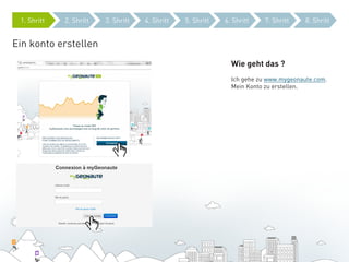 1. Shritt   2. Shritt   3. Shritt   4. Shritt   5. Shritt   6. Shritt   7. Shritt     8. Shritt


Ein konto erstellen
                                                               Wie geht das ?
                                                               Ich gehe zu www.mygeonaute.com.
                                                               Mein Konto zu erstellen.
 