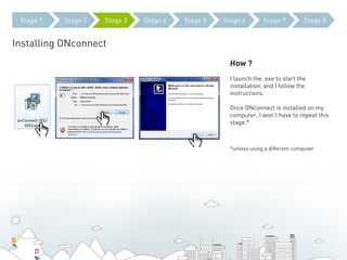 Stage 1   Stage 2   Stage 3   Stage 4   Stage 5   Stage 6        Stage 7         Stage 8


Installing ONconnect
                                                     How ?
                                                     I launch the .exe to start the
                                                     installation, and I follow the
                                                     instructions.

                                                     Once ONconnect is installed on my
                                                     computer, I won’t have to repeat this
                                                     stage.*



                                                     *unless using a different computer
 