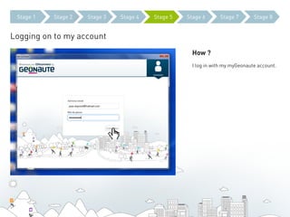 Stage 1   Stage 2   Stage 3   Stage 4   Stage 5   Stage 6      Stage 7        Stage 8


Logging on to my account
                                                     How ?
                                                     I log in with my myGeonaute account.
 