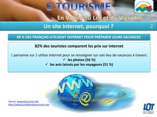 Un site internet, pourquoi ?                                    2
      88 % DES FRANÇAIS UTILISENT INTERNET POUR PRÉPARER LEURS VACANCES.

                     82% des touristes comparent les prix sur internet

  1 personne sur 2 utilise internet pour se renseigner sur son lieu de vacances à travers:
                                     les photos (56 %)
                         les avis laissés par les voyageurs (51 %)




Source: www.etourisme.info
http://www.quotidiendutourisme.com
 