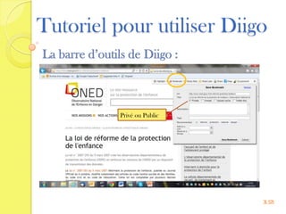 Tutoriel pour utiliser Diigo
La barre d’outils de Diigo :



                Privé ou Public




                                  12
 