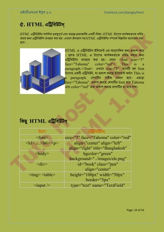 এইচিটএমএল ইবুক ১.০

TutoHost.com/bangla/html

৫. HTML এি�িবউটস
HTML এি�িবউটস সবর্ািধ গুরু�পূ এবং অতয্ �েয়াজনীয় একিট িবষয়। HTML টয্ােগ কাযর্�মতাে বিধর্
করার জ� এি�িবউটস বয্বহা করা হয়। এখােন উদাহরণ সহ HTML এি�িবউটস স�েকর িব�ািরত আেলাচনা করা

k

হেব।

to
H
H o
TM st
EL
1. Bo
0 o

HTML এ এি�িবউটস ইিলেমন্ এর আনুসাি� তথয �কাশ কের
। মূলত HTML এ টয্ােগ কাযর্�মতাে বিধর্ করার জ�
এি�িবউটস বয্বহা করা হয়। েযমন <font size="5"
face="Tahoma"
color="red">
This
is
a
paragraph.</font> এখােন size="5" অংশিট হল font
টয্ােগ একিট এি�িবউট, যা �কাশ করেছ ইিলেমন্ অথর্া This is
a paragraph. েলখািটর সাইজ েকমন হেব। এছাড়া
face="Tahoma" �কাশ করেছ েলখািটর font হেব Tahoma
এবং color="red" �ারা �কাশ করেছ েলখািটর রং হেব লাল।

িকছু HTML এি�িবউটস

Tu

টয্া
<font>
<h1>….<h6> <p>
<body>
<div>

<img> <table>
<input />

এি�িবউটস
size="5" face="Tahoma" color="red"
align="center" align="left"
align="right" title="Bangladesh"
bgcolor="green"
background="../images/ele.png"
id="book" class="pen"
align="center"
height="100px" width="50px"
border="5px"
type="text" name="TextField"

Page: 10 of 54

 