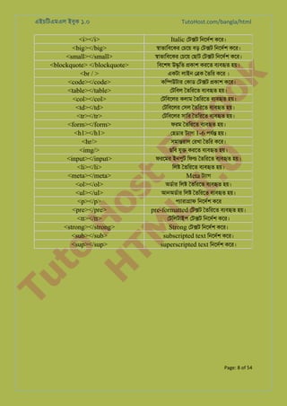 Italic েট�ট িনেদর্ কের।
�াভািবেকর েচেয় বড় েট�ট িনেদর্ কের।
�াভািবেকর েচেয় েছাট েট�ট িনেদর্ কের।
িবেশষ উ�ৃিত �কাশ করেত বয্বহ হয়।
একটা লাইন ে�ক ৈতির কের ।
কি�উটার েকাড েট�ট �কাশ কের।
েটিবল ৈতিরেত বয্বহ হয়।
েটিবেলর কলাম ৈতিরেত বয্বহ হয়।
েটিবেলর েসল ৈতিরেত বয্বহ হয়।
েটিবেলর সাির ৈতিরেত বয্বহ হয়।
ফরম ৈতিরেত বয্বহ হয়।

to
H
H o
TM st
EL
1. Bo
0 o

<i></i>
<big></big>
<small></small>
<blockquote> </blockquote>
<br / >
<code></code>
<table></table>
<col></col>
<td></td>
<tr></tr>
<form></form>
<h1></h1>
<hr/>
<img/>
<input></input>
<li></li>
<meta></meta>
<ol></ol>
<ul></ul>
<p></p>
<pre></pre>
<tt></tt>
<strong></strong>
<sub></sub>
<sup></sup>

TutoHost.com/bangla/html

k

এইচিটএমএল ইবুক ১.০

েহডার টয্া 1-6 পযর্ হয়।
সমা�রাল েরখা ৈতির কের।
ছিব যু� করেত বয্বহ হয়।
ফরেমর ইনপুট িফ� ৈতিরেত বয্বহ হয়।
িল� ৈতিরেত বয্বহ হয়।

Meta টয্া

অডর্া িল� ৈতিরেত বয্বহ হয়।
আনঅডর্া িল� ৈতিরেত বয্বহ হয়।
পয্ারা�া িনেদর্ কের

pre-formatted েট�ট ৈতিরেত বয্বহ হয়।
েটিলটাইপ েট�ট িনেদর্ কের।

Tu

Strong েট�ট িনেদর্ কের।
subscripted text িনেদর্ কের।
superscripted text িনেদর্ কের।

Page: 8 of 54

 