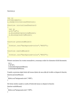 funciones.js



var x;
x=$(document);
x.ready(inicializarEventos);

function inicializarEventos()
{
  var x;
  x=$("td");
  x.mousedown(presionaMouse);
  x.mouseup(sueltaMouse);
}

function presionaMouse()
{
  $(this).css("background-color","#ff0");
}

function sueltaMouse()
{
  $(this).css("background-color","#fff");
}

Primero asociamos los eventos mousedown y mouseup a todos los elementos td del documento:
 var x;
 x=$("td");
 x.mousedown(presionaMouse);
 x.mouseup(sueltaMouse);

Cuando se presiona algún botón del mouse dentro de una celda de la tabla se dispara la función:
function presionaMouse()
{
  $(this).css("background-color","#ff0");
}

De forma similar cuando se suelta el botón del mouse se dispara la función:
function sueltaMouse()
{
  $(this).css("background-color","#fff");
}
 