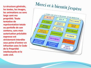 La structure générale, les textes, les images, les animations au sens large sont ma propriété. Toute tentative de représentation totale ou partielle de son contenu, sans mon autorisation préalable expresse est strictement interdite sous peine d'entrer en infraction avec le Code de la Propriété intellectuelle et le code civil.Merci et à bientôt j'espère