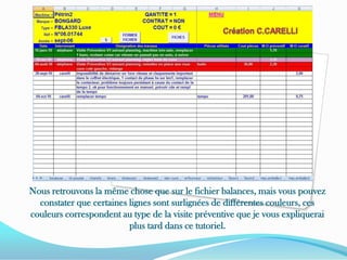 Création C.CARELLINous retrouvons la même chose que sur le fichier balances, mais vous pouvez constater que certaines lignes sont surlignées de différentes couleurs, ces couleurs correspondent au type de la visite préventive que je vous expliquerai plus tard dans ce tutoriel.