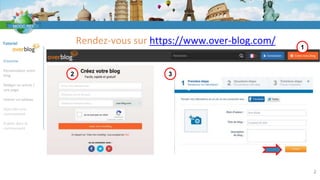 Tutoriel
S’inscrire
Personnaliser votre
blog
Rédiger un article /
une page
Insérer un tableau
Rejoindre une
communauté
Publier dans la
communauté
Rendez-vous sur https://www.over-blog.com/
1
2 3
2
 