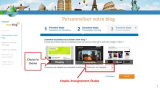 Tutoriel
S’inscrire
Personnaliser votre
blog
Rédiger un article /
une page
Insérer un tableau
Rejoindre une
communauté
Publier dans la
communauté
Personnaliser votre blog
Choisir le
thème
Emploi, Enseignement, Études
3
 