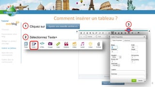 Tutoriel
S’inscrire
Personnaliser votre
blog
Rédiger un article /
une page
Insérer un tableau
Rejoindre une
communauté
Publier dans la
communauté
Comment insérer un tableau ?
6
Cliquez sur
Sélectionnez Texte+
1
2
3
 