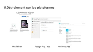 5.Déploiement sur les plateformes
iOS : 99$/an Google Play : 25$ Windows : 19$
 