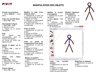 PIVOT                                        MANIPULATION DES OBJETS


Annuler une procédure           Modifier la taille d’une        Modifier la torsion        Modifier l’épaisseur
1. Menu Options – Undo          partie du corps                 d’un segment               d’un segment
Move                            1. Sélectionner le point de     1. Sélectionner un point   1. Sélectionner un
                                torsion de la partie du corps   de torsion                 point de torsion
Créer une nouvelle figure       2. Cliquer sur l’icône          2. Menu Option – Edit      2. Cliquer sur l’une
1. Menu File – New              3. Effectuer un cliqué-glissé   Mode                       de ces icônes pour
                                pour redimensionner             3.     Effectuer    des    augmenter ou réduire
Sauvegarder la figure           4. Cliquer pour confirmer la    mouvements à partir de     l’épaisseur
1. Menu File – Save             nouvelle taille                 points de torsion
2. Donner un nom
3. Cliquer sur le bouton        Créer un cercle
Enregistrer                     1. Sélectionner un point de
                                torsion
Note :                          2. Cliquer sur l’icône
Les        figures      sont    3. Effectuer un cliqué-glissé
sauvegardées       dans   le    4. Cliquer pour confirmer la
dossier Stick figures           nouvelle taille
Le format de fichier des
figures est Stk                 Créer     un       cercle  en
                                remplacement d’une droite
Ajouter la figure sur la        1. Sélectionner un point de
scène                           torsion
1. Menu File – Add to           2. Cliquer sur l’icône
animation                       3. Effectuer un cliqué-glissé
2. Donner un nom                pour redimensionner
3. Cliquer sur le bouton Ok     4. Cliquer pour confirmer la
                                nouvelle taille
Ouvrir      une        figure
existante                        Ajouter un segment
1. Menu File – Open              1. Sélectionner un point de
2. Sélectionner un fichier       torsion                           Créer       une      nouvelle        Supprimer un segment
3. Cliquer sur le bouton         2. Cliquer sur l’icône            position                             1. Sélectionner un point de
Ouvrir                           3. Cliquer sur le point de        1. Sélectionner un point de          torsion
                                 torsion                           torsion                              2. Cliquer sur l’icône
Fermer l’éditeur                                                   2. Cliquer sur l’icône
1. Menu File - Close                                               3. Effectuer un cliqué-glissé
                                                                   à partir du point de torsion
 