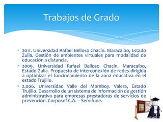 Trabajos de Grado


2011. Universidad Rafael Belloso Chacín. Maracaibo, Estado
Zulia. Gestión de ambientes virtuales para modalidad de
educación a distancia.
2009. Universidad Rafael Belloso Chacín. Maracaibo,
Estado Zulia. Propuesta de interconexión de redes dirigida
a optimizar el funcionamiento de la zona educativa en el
estado Trujillo.
2.006. Universidad Valle del Momboy. Valera, Estado
Trujillo. Desarrollo de un sistema de información de gestión
administrativa para empresas prestadoras de servicios de
prevención. Corposef C.A. – Servifune.
 