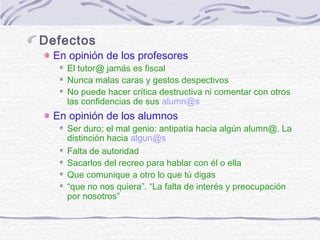 Defectos
En opinión de los profesores
El tutor@ jamás es fiscal
Nunca malas caras y gestos despectivos
No puede hacer crítica destructiva ni comentar con otros
las confidencias de sus alumn@s
En opinión de los alumnos
Ser duro; el mal genio: antipatía hacia algún alumn@. La
distinción hacia algun@s
Falta de autoridad
Sacarlos del recreo para hablar con él o ella
Que comunique a otro lo que tú digas
“que no nos quiera”. “La falta de interés y preocupación
por nosotros”
 