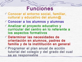 Funciones
Conocer el entorno social, familiar,
cultural y educativo del alumn@
Conocer a los alumnos y alumnas
Analizar el proyecto educativo y
curricular del centro en lo referente a
los aspectos formativos
Determinar las necesidades de
orientación en alumnos, padres de
familia y de la instititución en general
Programar el plan anual de acción
tutorial del colegio y del grado del cual
se es responsable
 