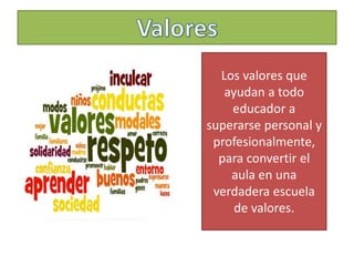 Los valores que
ayudan a todo
educador a
superarse personal y
profesionalmente,
para convertir el
aula en una
verdadera escuela
de valores.
 