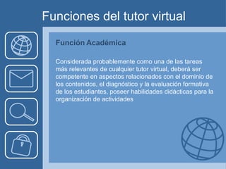 Funciones del tutor virtual Función Académica  Considerada probablemente como una de las tareas más relevantes de cualquier tutor virtual, deberá ser competente en aspectos relacionados con el dominio de los contenidos, el diagnóstico y la evaluación formativa de los estudiantes, poseer habilidades didácticas para la organización de actividades 
