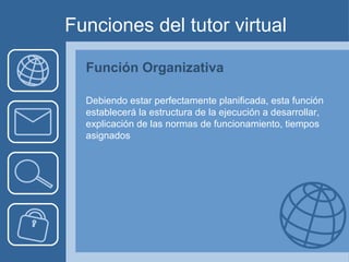 Funciones del tutor virtual Función Organizativa Debiendo estar perfectamente planificada, esta función establecerá la estructura de la ejecución a desarrollar, explicación de las normas de funcionamiento, tiempos asignados 