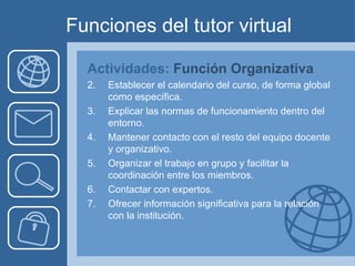 Funciones del tutor virtual Actividades:  Función Organizativa Establecer el calendario del curso, de forma global como específica. Explicar las normas de funcionamiento dentro del entorno. Mantener contacto con el resto del equipo docente y organizativo. Organizar el trabajo en grupo y facilitar la coordinación entre los miembros. Contactar con expertos. Ofrecer información significativa para la relación con la institución. 