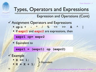 Tutor Session - 1



                 Types, Operators and Expressions
Chulalongkorn
 University                       Expression and Operations (Cont)
                Assignment Operators and Expressions
                  op is + - * / % << >> &                                  ^      |
                  If expr1 and expr2 are expressions, then
                  expr1 op= expr2
                  Equivalent to
                  expr1 = (expr1) op (expr2)

                Example
                  X += 1;
                                    Equivalent
                  X = X + 1;
         18                              2110313 Operating Systems and System Programs (1/2010)
 