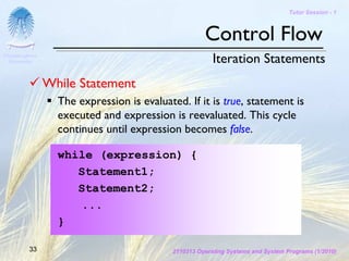 Tutor Session - 1



                                                      Control Flow
Chulalongkorn
 University                                              Iteration Statements
                While Statement
                  The expression is evaluated. If it is true, statement is
                  executed and expression is reevaluated. This cycle
                  continues until expression becomes false.

                  while (expression) {
                     Statement1;
                     Statement2;
                     ...
                  }

         33                                 2110313 Operating Systems and System Programs (1/2010)
 