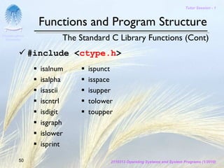 Tutor Session - 1



                  Functions and Program Structure
Chulalongkorn
 University             The Standard C Library Functions (Cont)
                #include <ctype.h>
                  isalnum     ispunct
                  isalpha     isspace
                  isascii     isupper
                  iscntrl     tolower
                  isdigit     toupper
                  isgraph
                  islower
                  isprint

         50                         2110313 Operating Systems and System Programs (1/2010)
 